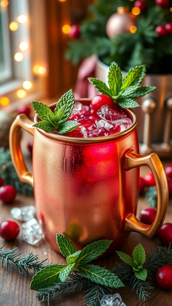 A Christmas Mule cocktail in a copper mug with ice, garnished with cranberries and mint, set against a festive holiday backdrop.